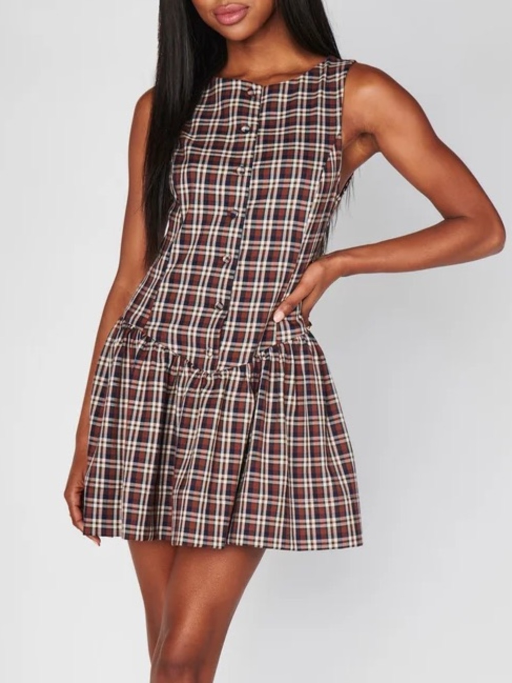 Show Me Your MuMu Brown Plaid Sleeveless Drop-Waist Mini Dress